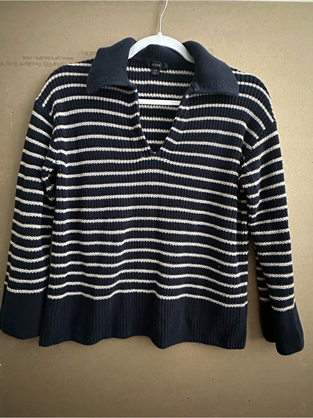 J. Crew Navy and White Striped V‑Neck Collared Sweater